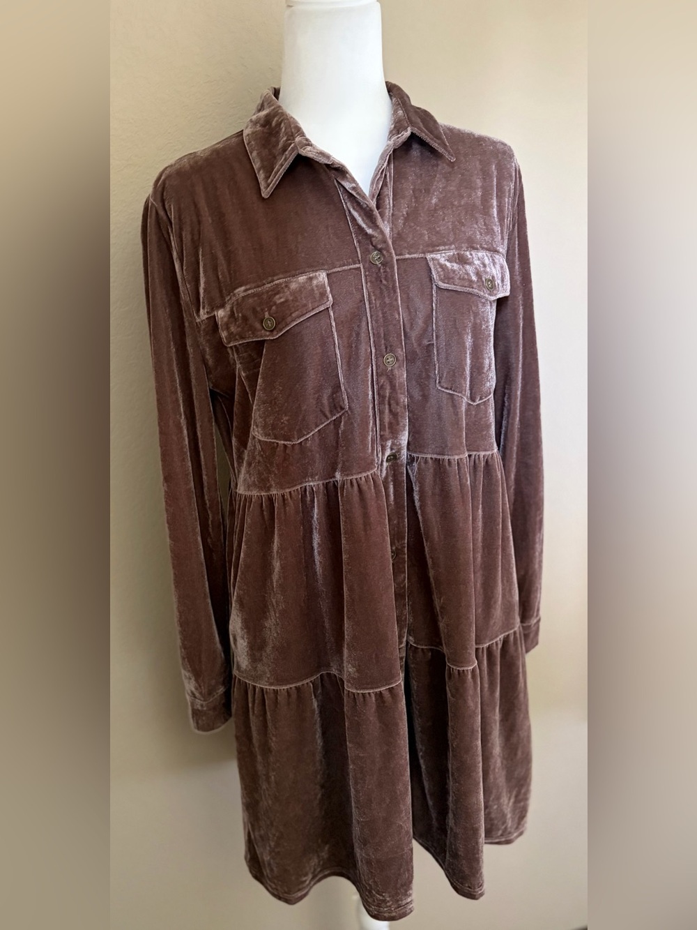 Umgee Mauve Velvet Tiered Shirt Dress Button Front Long Sleeve Size S - Picture 4 of 10